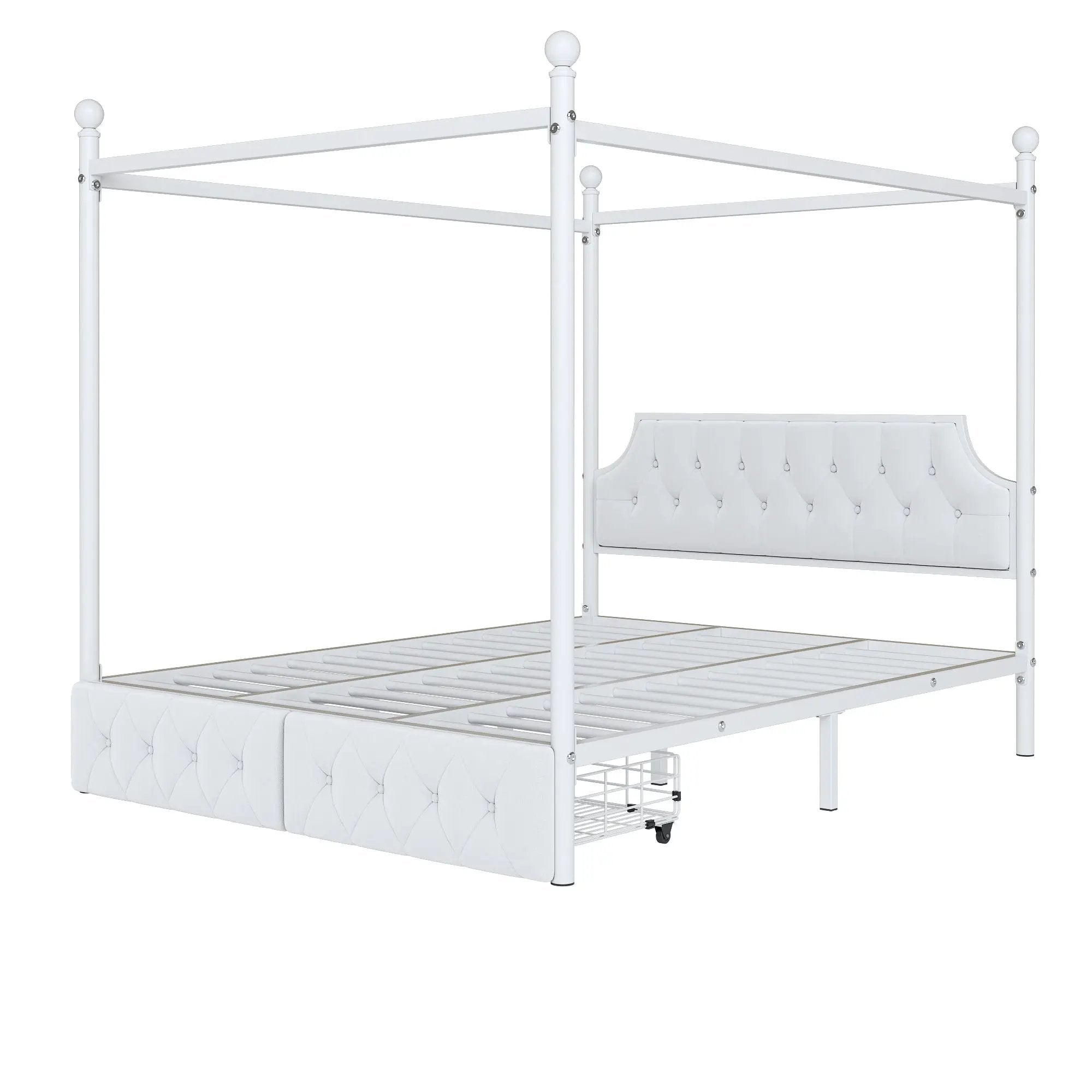 Queen Size Canopy Platform Bed With Upholstered Headboard And 2 Storage Drawers - White by HouseOfZazla