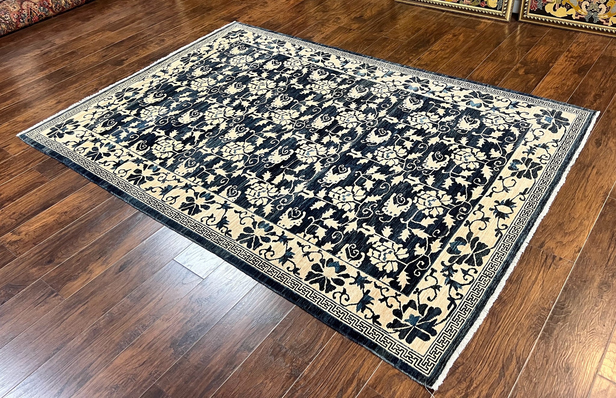 Sino Persian Rug 6x9, Hand Knotted Wool Carpet, Floral Allover, Blue Cream-Tan by Jewel Rugs