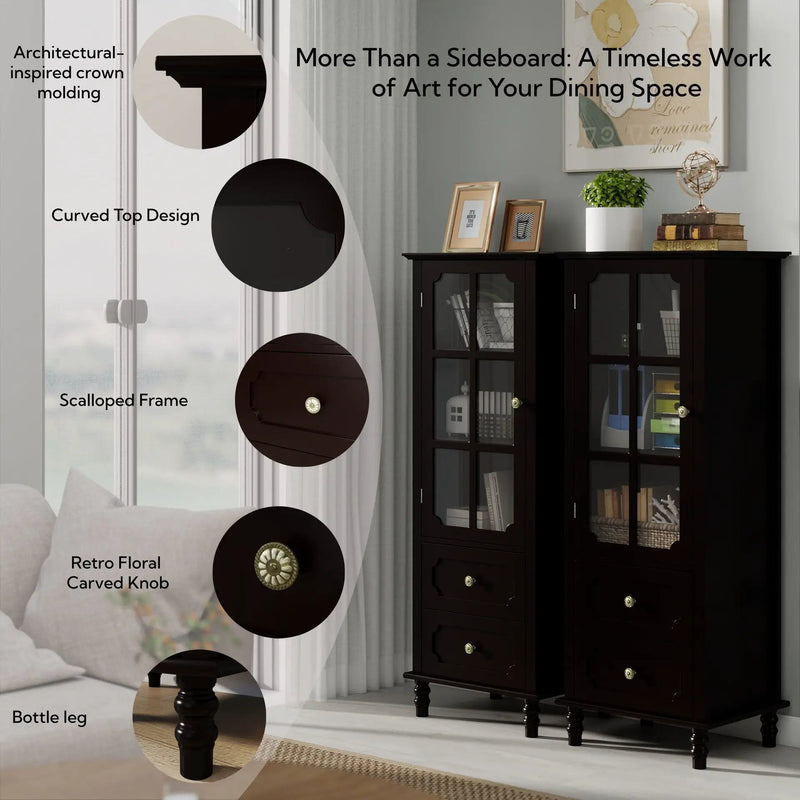 Black Tall Storage Cabinet with Glass Door & 2 Drawers by HouseOfZazla