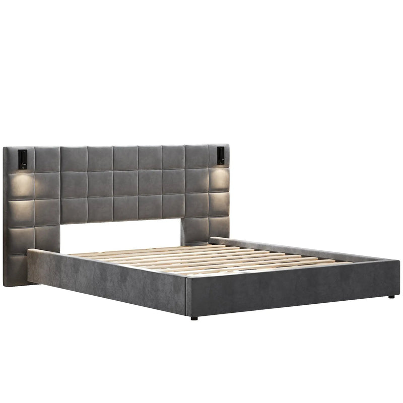 King Size Upholstered Bed Frame with Wall Sconce and USB Port by HouseOfZazla