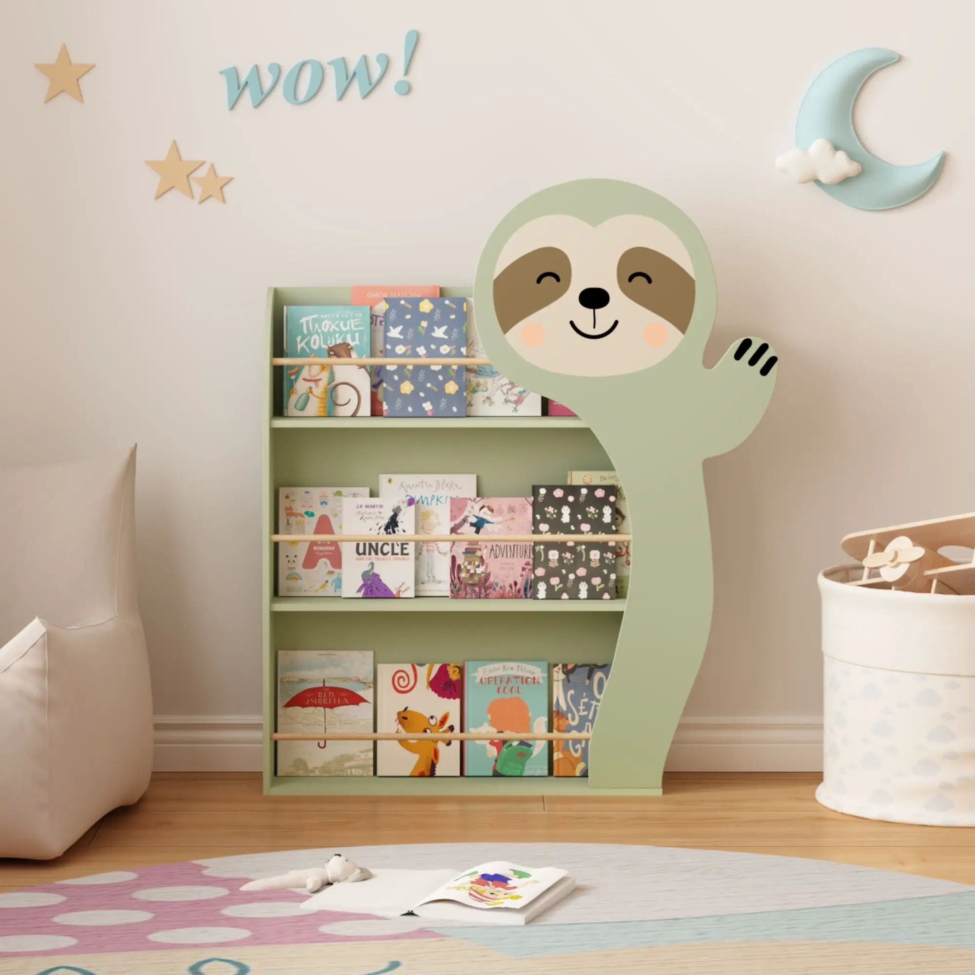 Sloth Bookshelf, Front Facing Toddler Book Display Rack With 3 Tiers, Cute Animal Design - Sage Green by Unique Piece Furniture