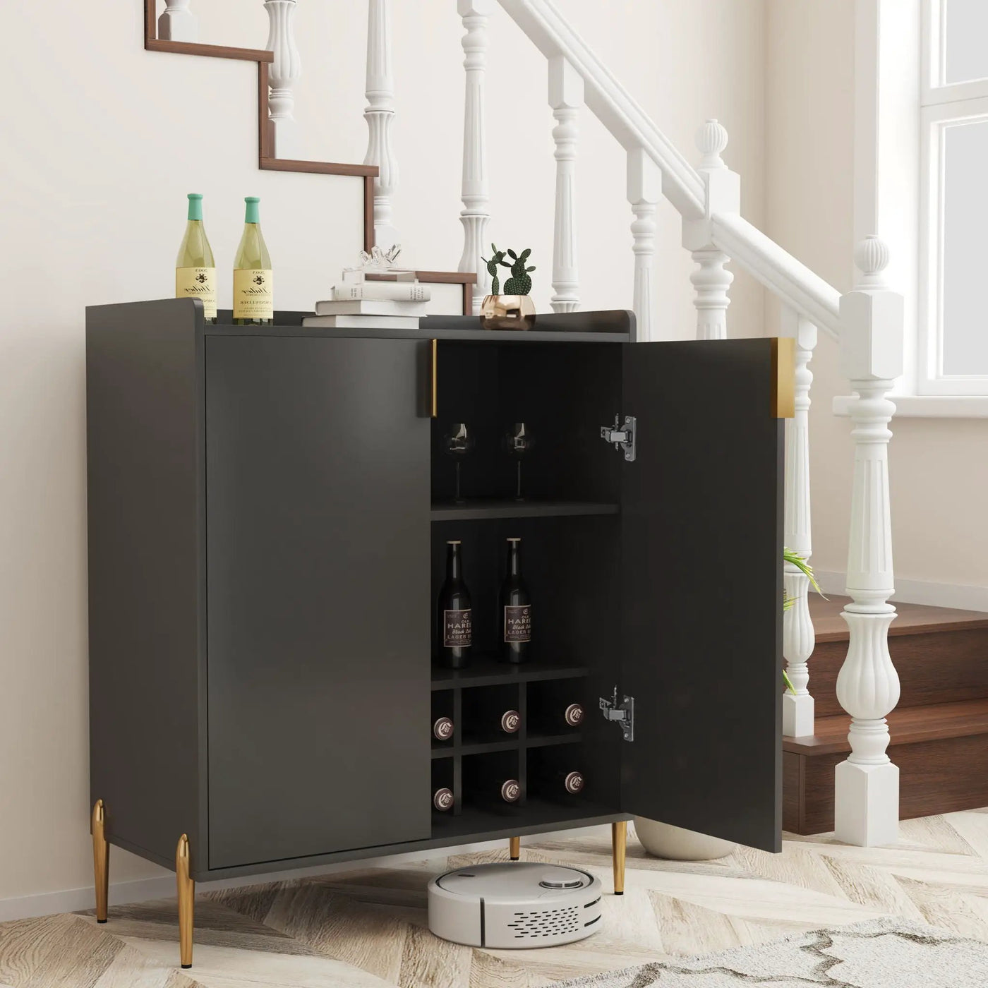 Wine Bar Cabinet With Adjustable Shelf, 2 Door Sideboard With Soft-Closing Hinges And Feet by HouseOfZazla