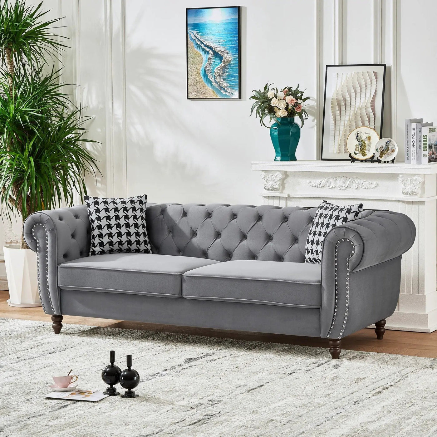 Chesterfield Upholstery Fabric Sofa With Roll Armrest & Nailhead, Mid Century Modern 3 And 3 Seater Couch by HouseOfZazla