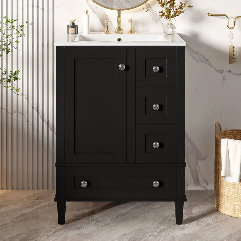 Bathroom Vanity With Integrated Basin, Soft Close Drawers, Door Mounted Double Layer Shelf by Unique Piece Furniture