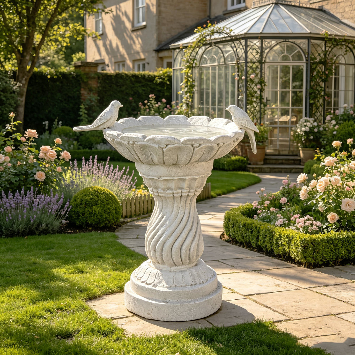 Magnesium Oxide Garden Bird Bath Statue with Twisted Pedestal - White Stone Finish, photo 9 of 10