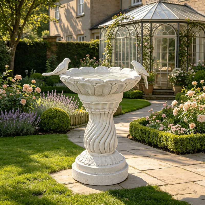 Magnesium Oxide Garden Bird Bath Statue with Twisted Pedestal - White Stone Finish, photo 9 of 10