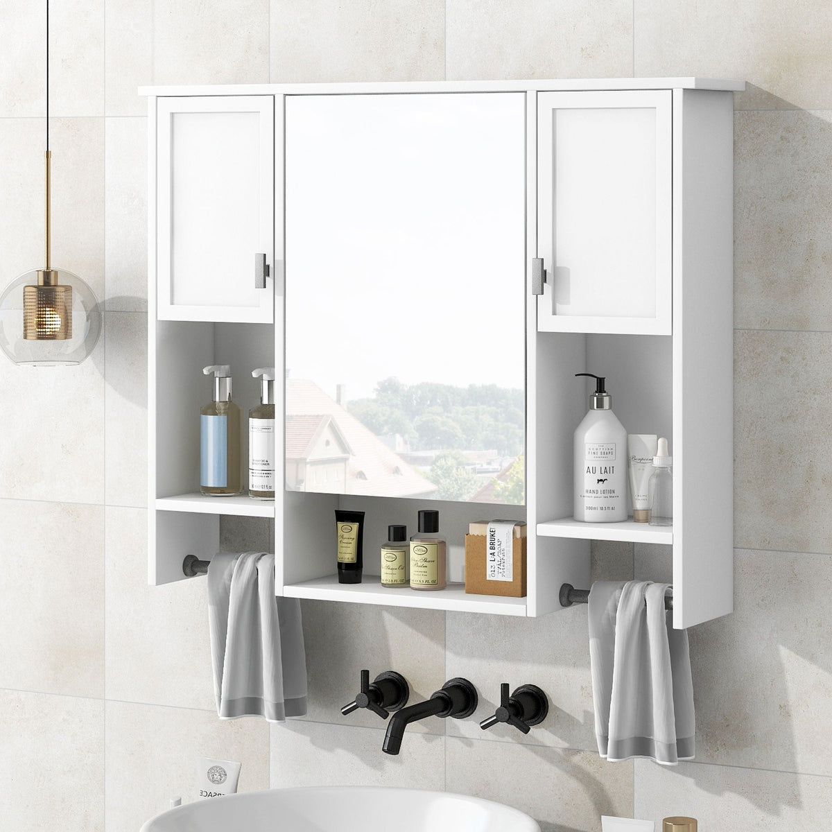 Wall Mounted Bathroom Storage Cabinet with Mirror and Towel Bar - Black, Dark Gray, or White, photo 12 of 12