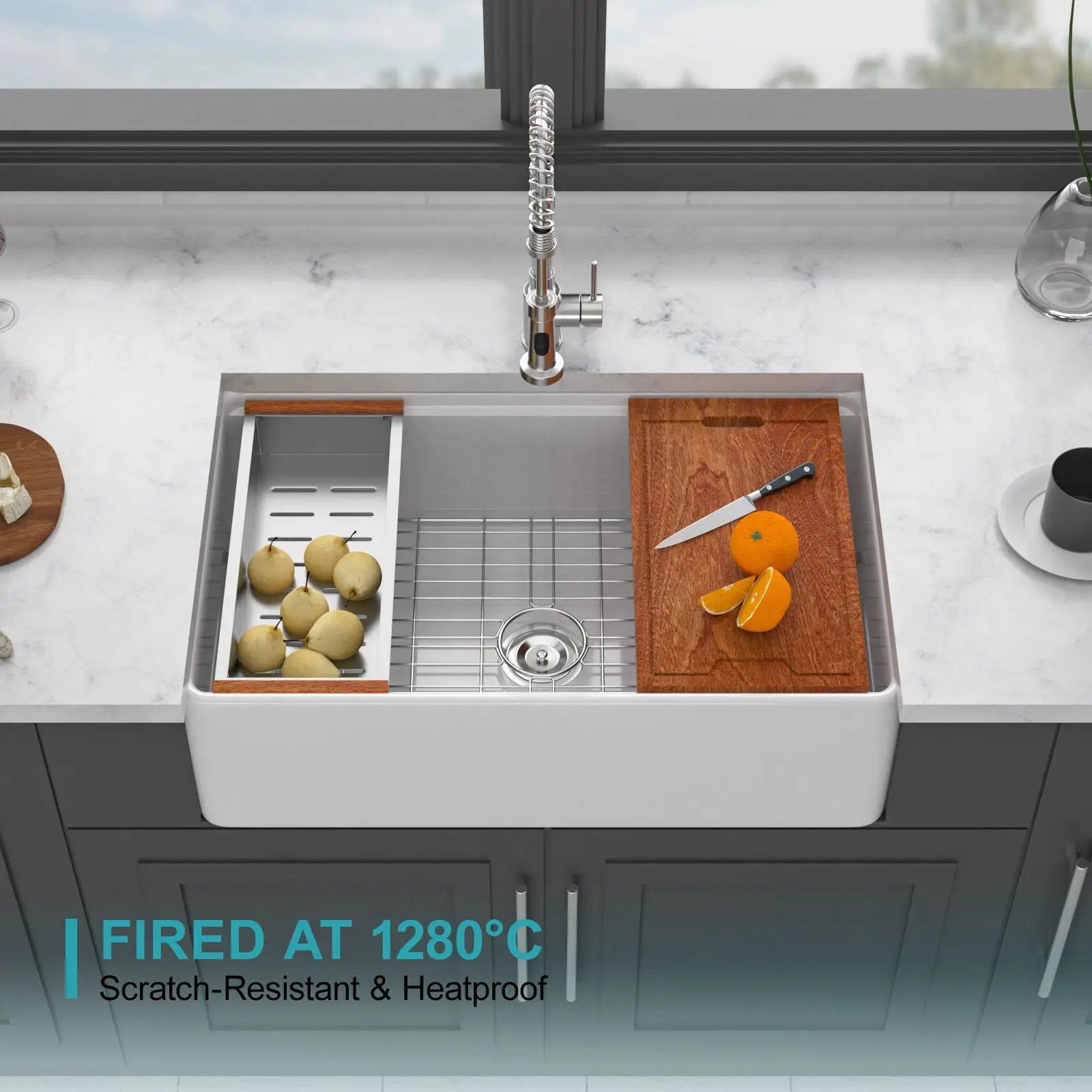 Kitchen Sink Workstation 33" Single Bowl Sink With Work Surface - White by HouseOfZazla