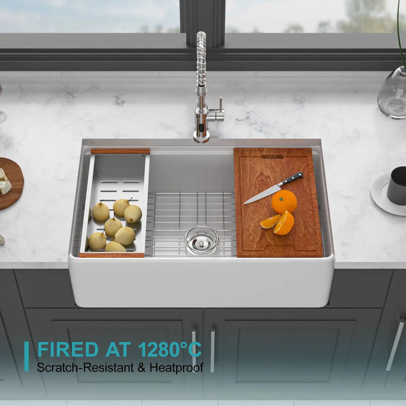 Kitchen Sink Workstation 33" Single Bowl Sink With Work Surface - White by HouseOfZazla