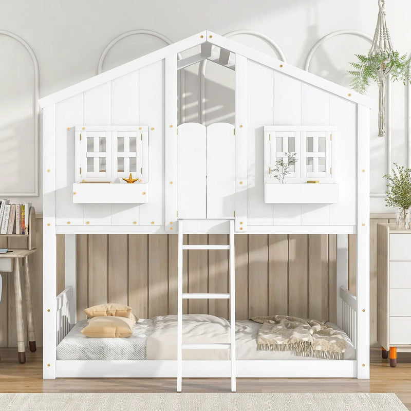 House Bunk Bed With Roof, Window, Window Box, Door, With Safety Guardrails And Ladder by Unique Piece Furniture