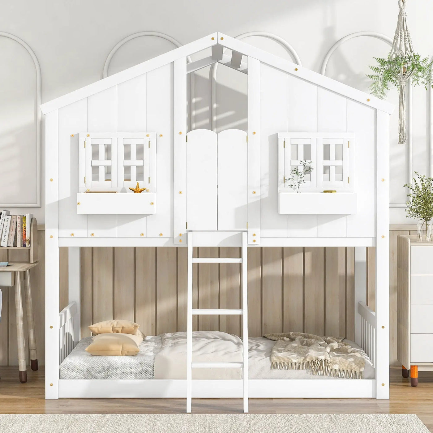 House Bunk Bed With Roof, Window, Window Box, Door, With Safety Guardrails And Ladder by HouseOfZazla