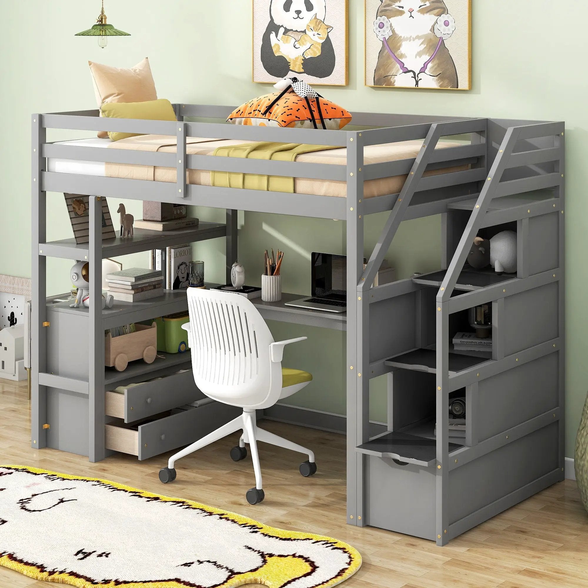 Loft Bed With Desk, Shelves, 2 Drawers, Storage Staircase by HouseOfZazla