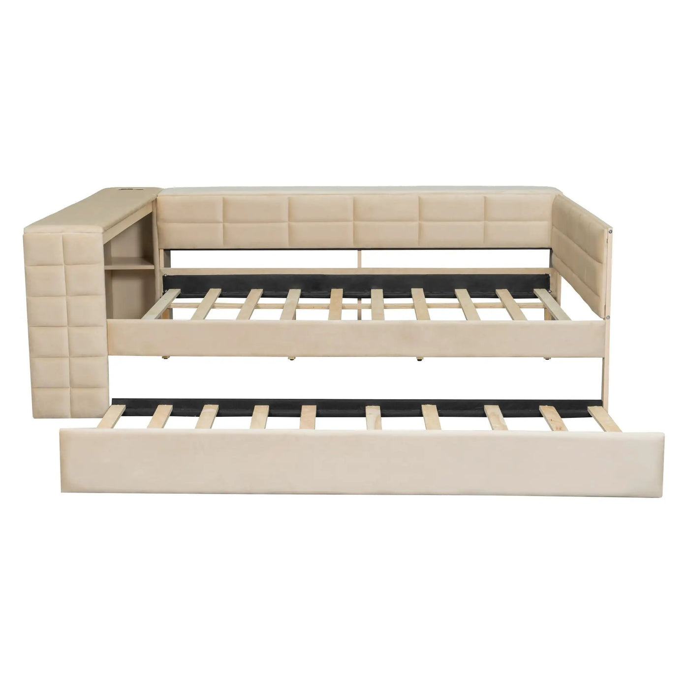 Upholstered Platform Bed With Storage Shelves, Desk, Charging Station And Trundle by HouseOfZazla