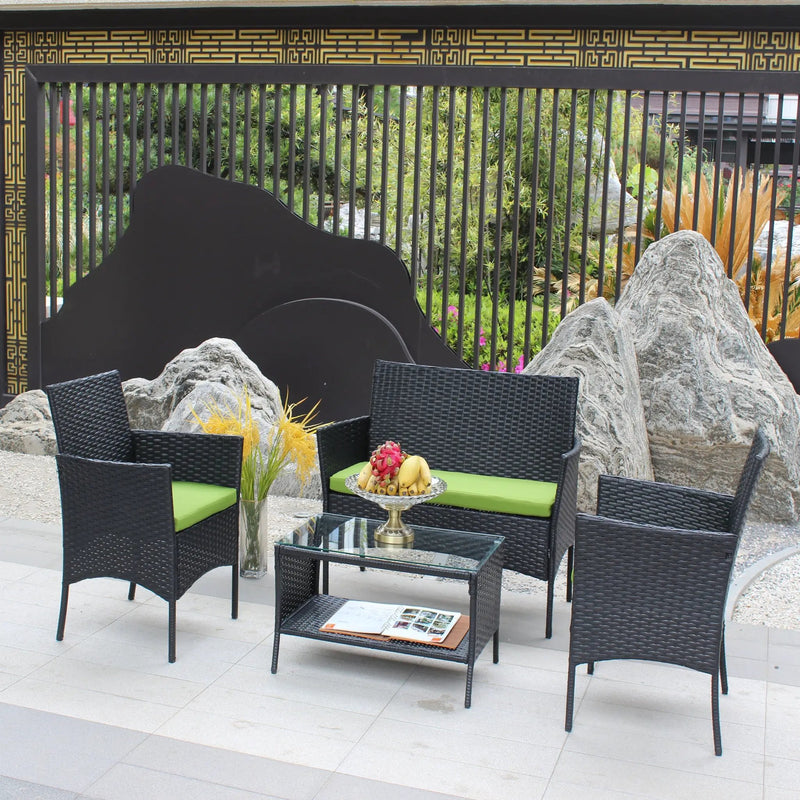 4 PC Rattan Patio Furniture Set Outdoor Cushioned Wicker Sofa Green Cushion by HouseOfZazla