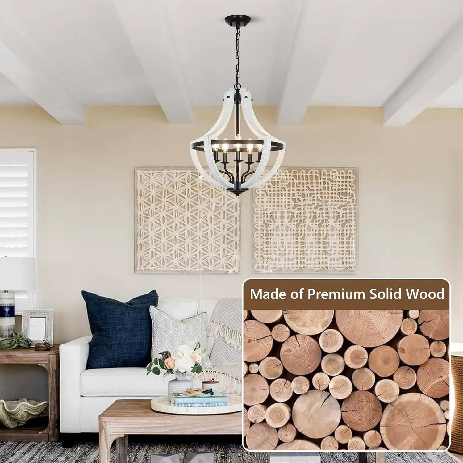 5-Light Convertible White Wood Farmhouse Chandelier by HouseOfZazla