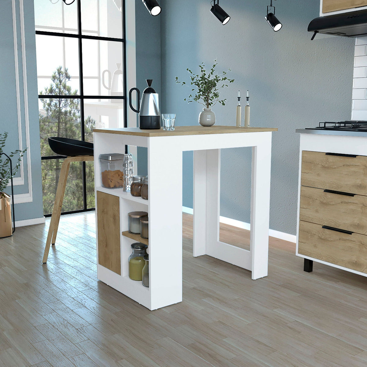 White Wood Kitchen Island with Three Open Shelves and Push-To-Open Cabinet, photo 3 of 4