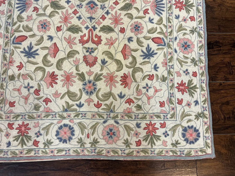 Hand Stitched Indian Rug 4x5, Floral, Vintage Hand Embroidered Rug by Jewel Rugs