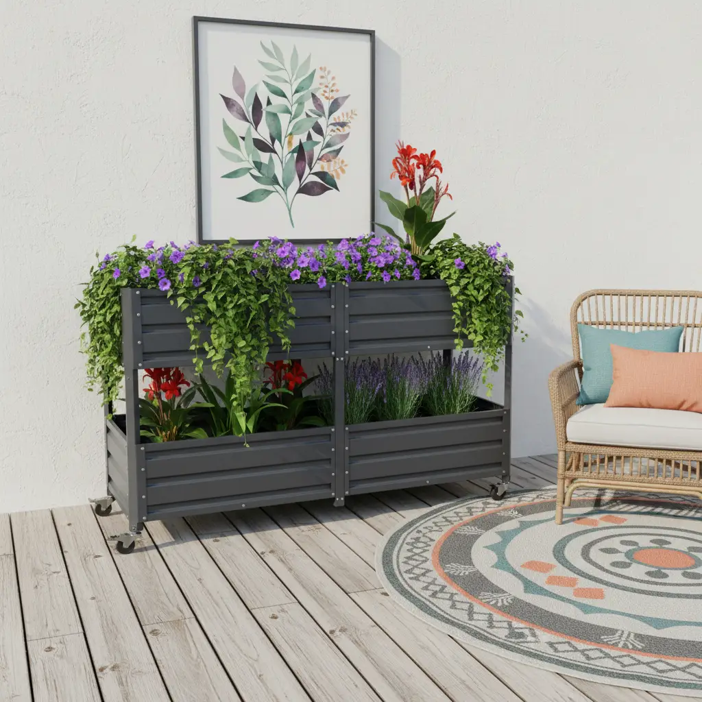 Dual Tier Elevated Metal Raised Garden Bed with Lockable Wheels by HouseOfZazla