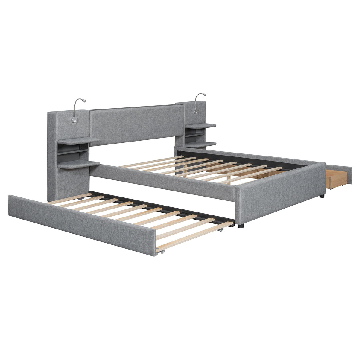 Upholstered Platform Bed With Reading Lights, Drawers, Trundle And Shelves, photo 9 of 14