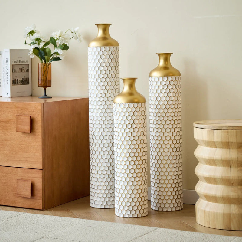 3-Piece Modern Metal Vase Set - White & Gold by HouseOfZazla