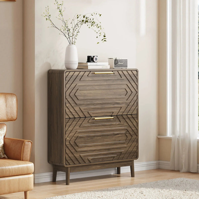 Freestanding Shoe Cabinet With 2 Flip Top Drawers For Entryway - Walnut by HouseOfZazla
