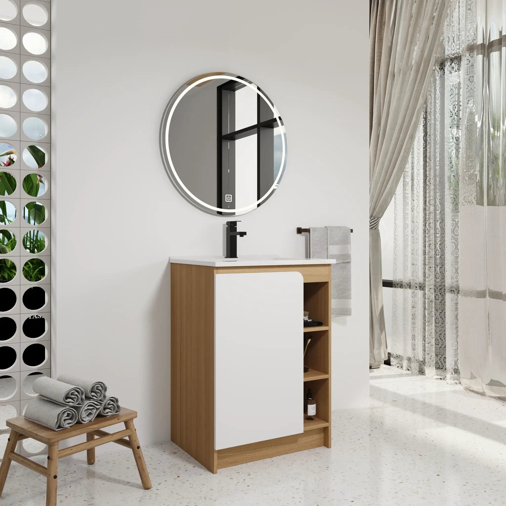 Freestanding Bathroom Vanity With Thin Rim Sink, Single Door With 4 Tier Open Shelves - Light Oak / White by Unique Piece Furniture