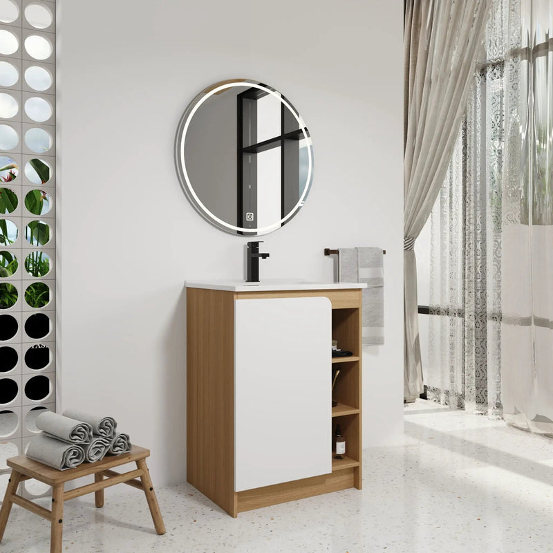 Freestanding Bathroom Vanity With Thin Rim Sink, Single Door With 4 Tier Open Shelves - Light Oak / White by HouseOfZazla