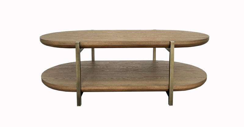Light Brown Cocktail Table with Storage Shelf - Contemporary MDF & Elm Veneer