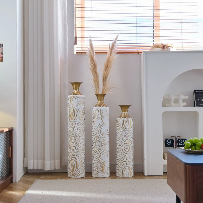 Floor Metal Vases Decorated Metal Vases (Set of 3) Gorgeous Home Decoration Large Glazed Metal Vases - White / Gold by HouseOfZazla