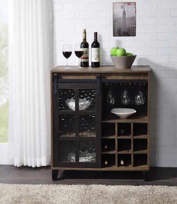 Treju - Wine Cabinet - Obscure Glass, Rustic Oak & Black by Unique Piece Furniture