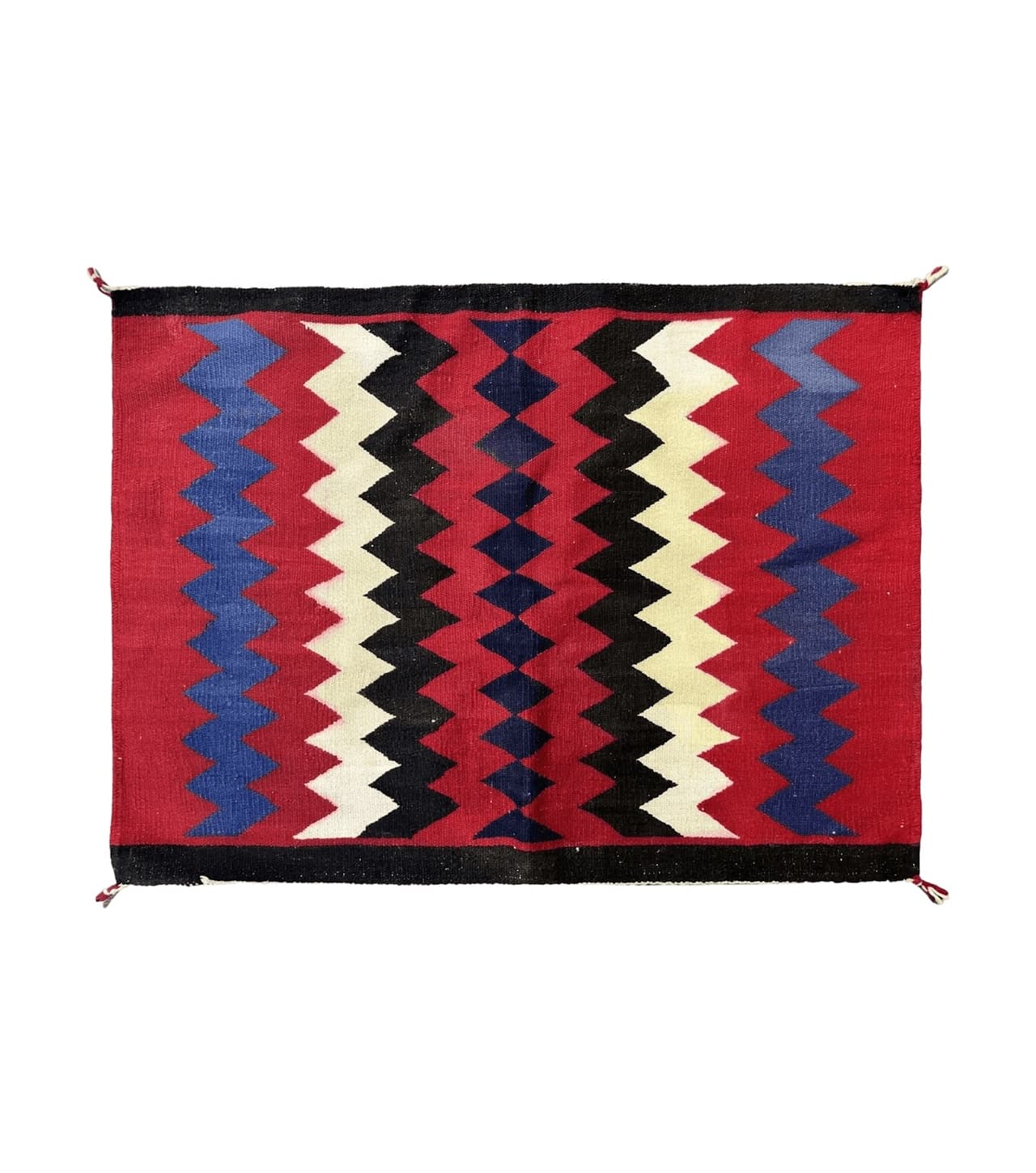 Antique Navajo Rug 3.7 x 2.8, Red Ivory Blue, Zig Zag Pattern, Handmad