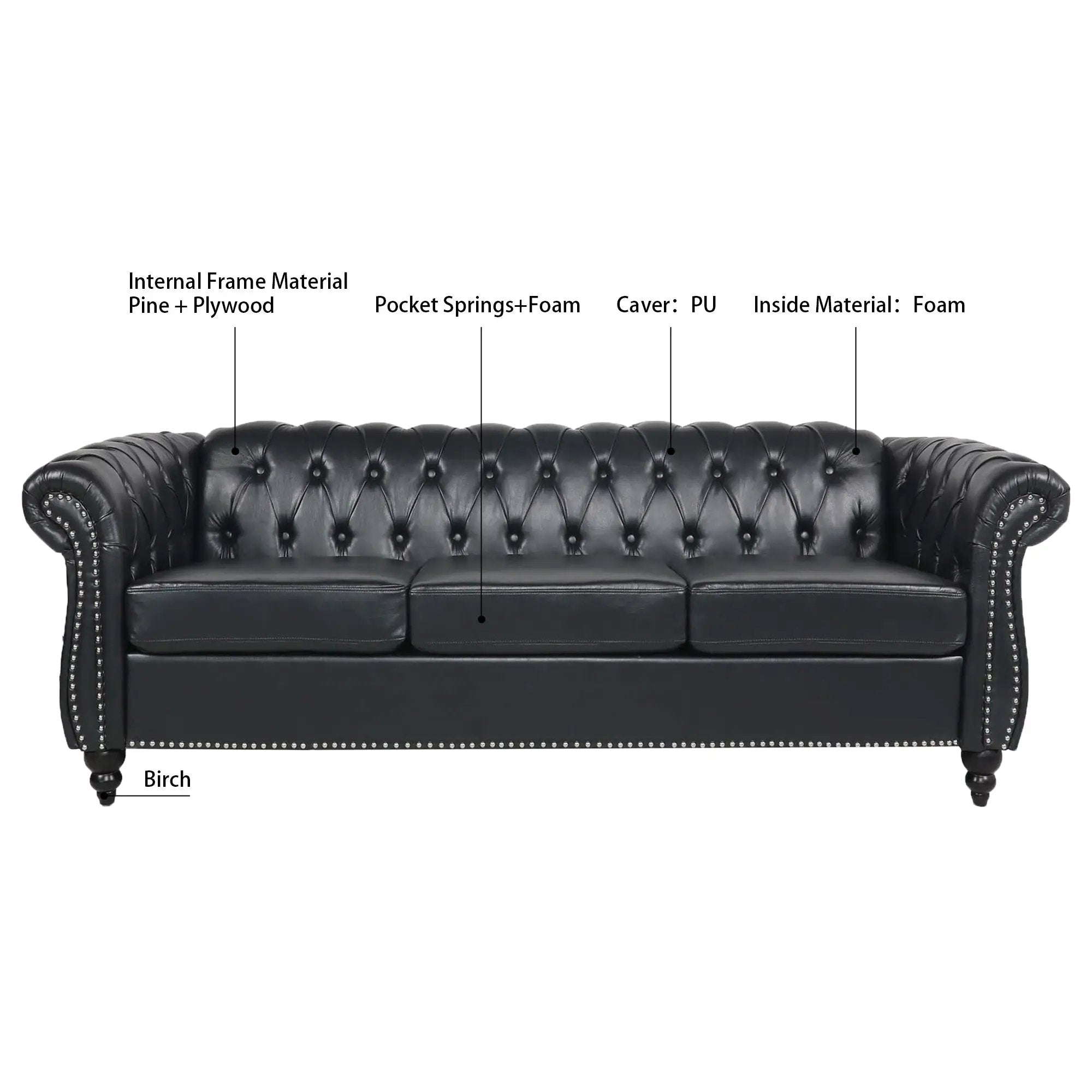 84.65" Black PU Rolled Arm Chesterfield Three Seater Sofa by HouseOfZazla