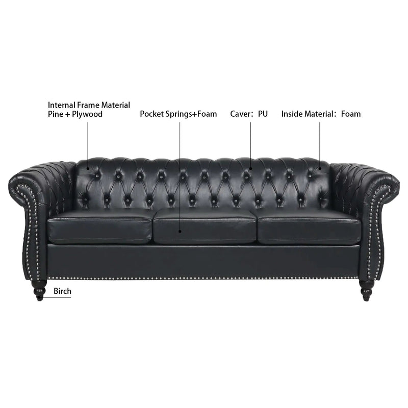 84.65" Black PU Rolled Arm Chesterfield Three Seater Sofa by HouseOfZazla