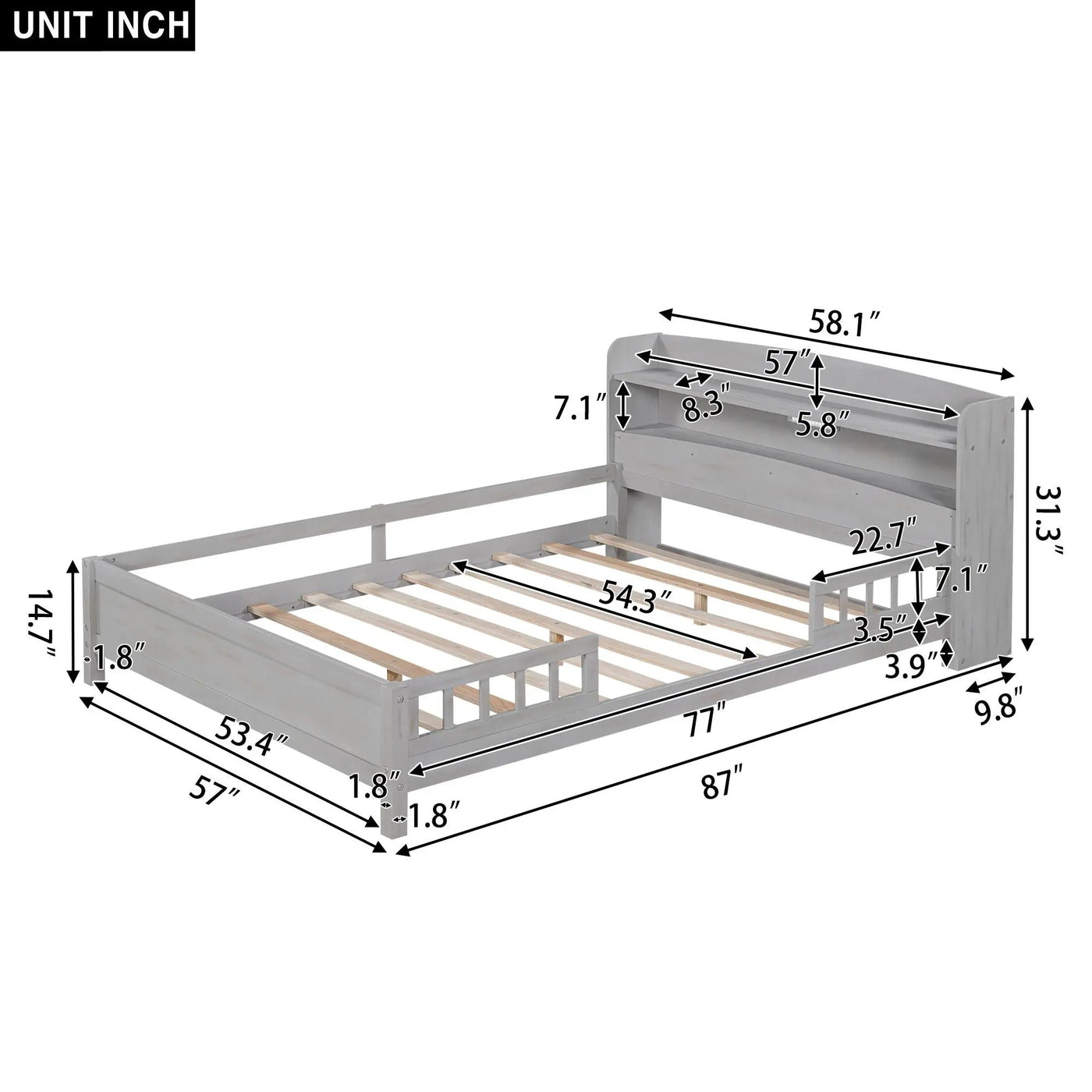 Wood Platform Bed With Built In LED Light, Storage Headboard And Guardrail by HouseOfZazla