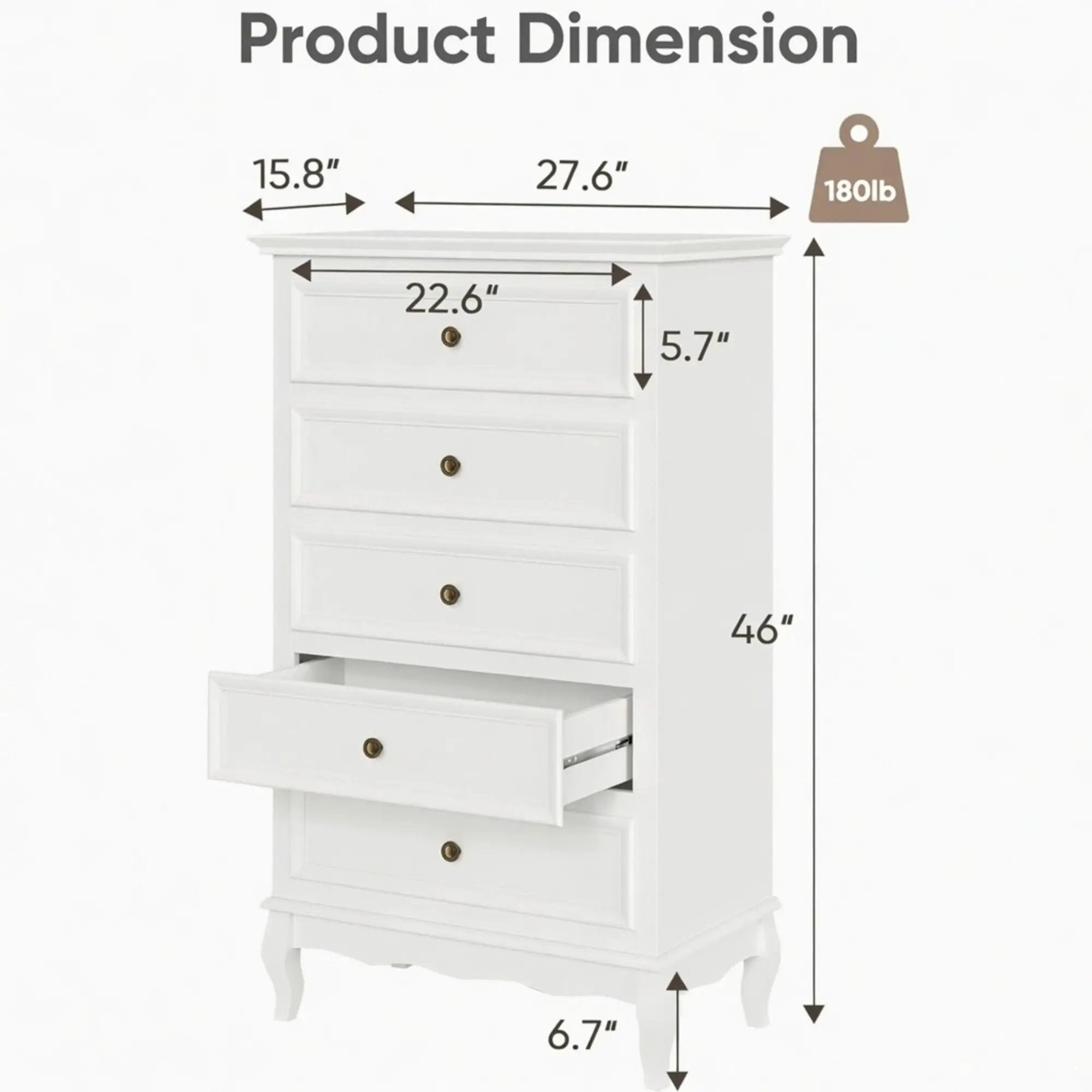 5 Drawer Tall Wide Chest Of Drawers - White by HouseOfZazla