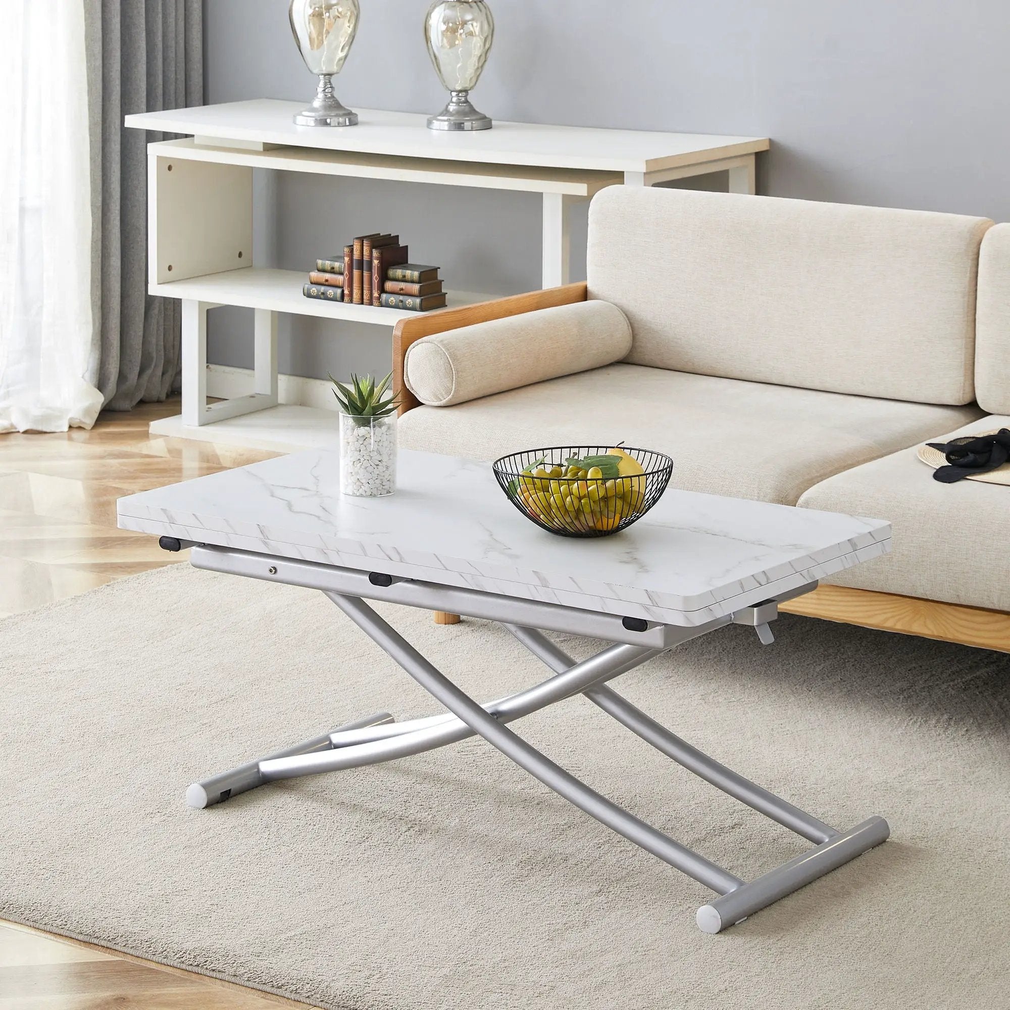 Modern Minimalist Multifunctional Lift Table With Metal Legs - White / Silver by HouseOfZazla