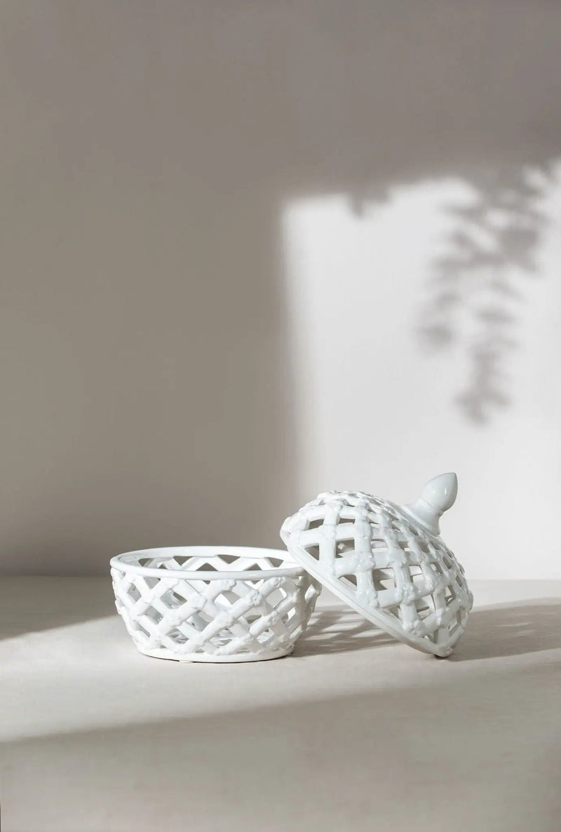 Ceramic Lidded Jar With Lattice Design - White by HouseOfZazla
