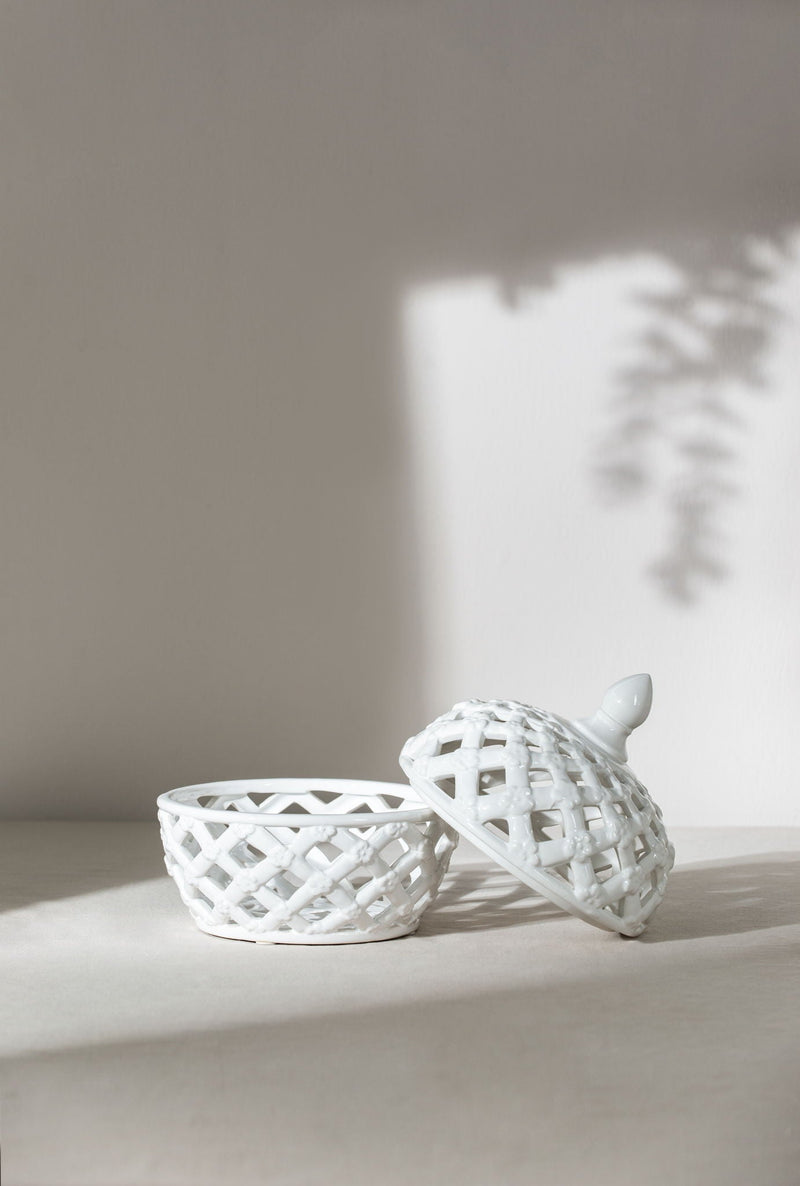 Ceramic Lidded Jar with Lattice Design - White, photo 10 of 11
