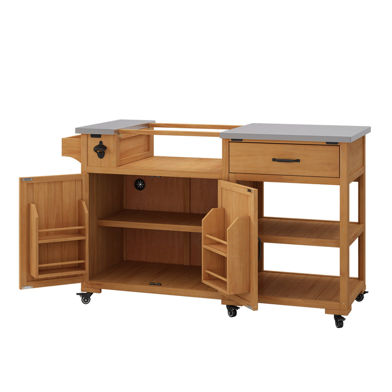 TOPMAX 55.4" Outdoor Solid Wood Kitchen Cart, Stainless Top Grill Cart, Kitchen Island with Spice Rack, Drawer, Adjustable Shelves and 4 Door Racks  for Patio, Deck, photo 8 of 10