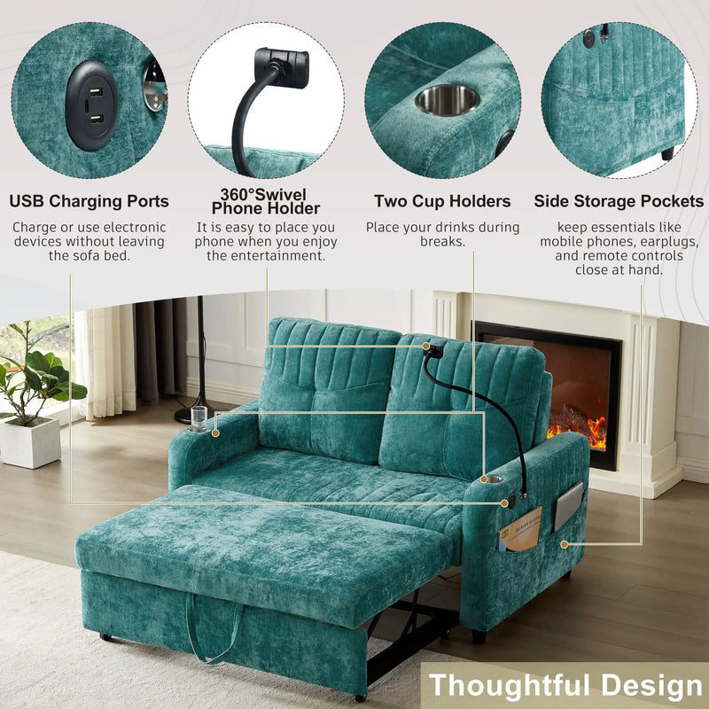 Modern Loveseat Pull Out Sofa Bed With Adjustable Backrest, Two Cup Holders, A Phone Holder, Three Charging Ports And Side Storage Pockets For Living Room by HouseOfZazla