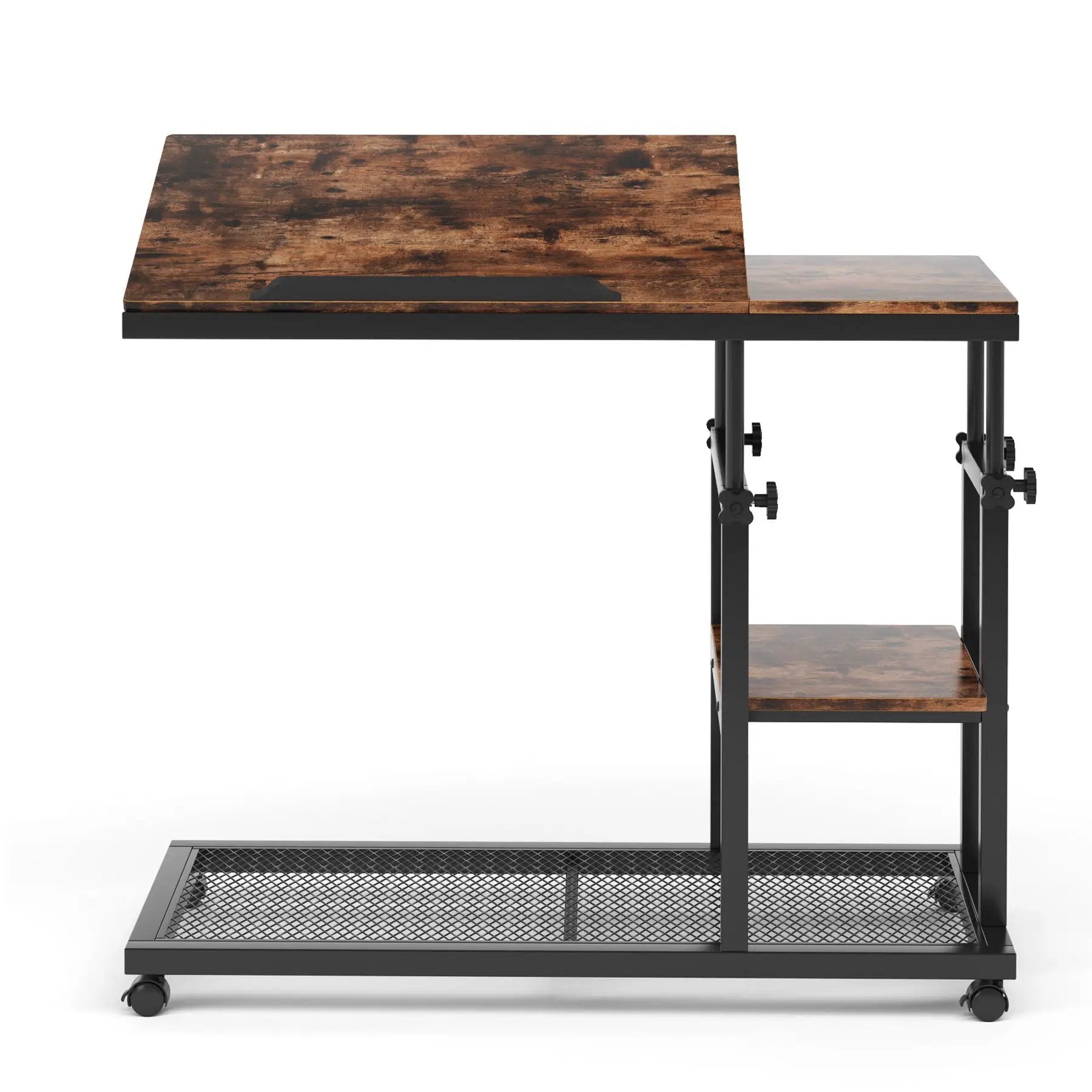 C-Shaped Adjustable End Table With Wheels And Tilting Top With Side Pocket And Storage Shelf - Brown / Black by HouseOfZazla