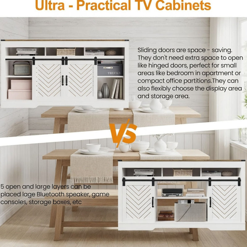 TV Stand With Sliding Barn Doors And Adjustable Storage - White / Oak by HouseOfZazla