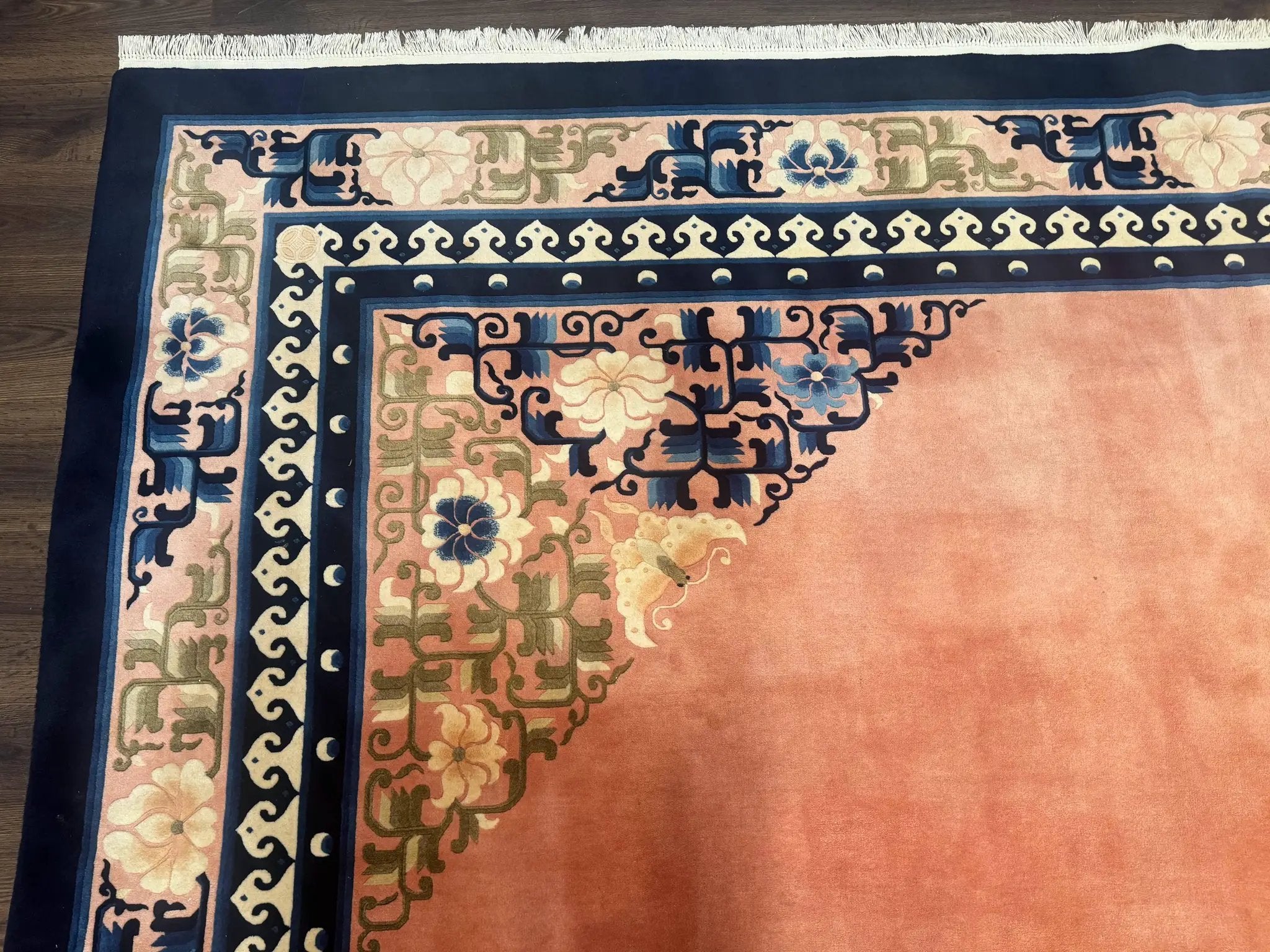 Chinese Wool Rug 11x18, Palace Sized Chinese Carpet, Peking Rug, Peach and Blue, Open Field, Simple Design, Art Deco Rug, Large Handmade Rug by Jewel Rugs