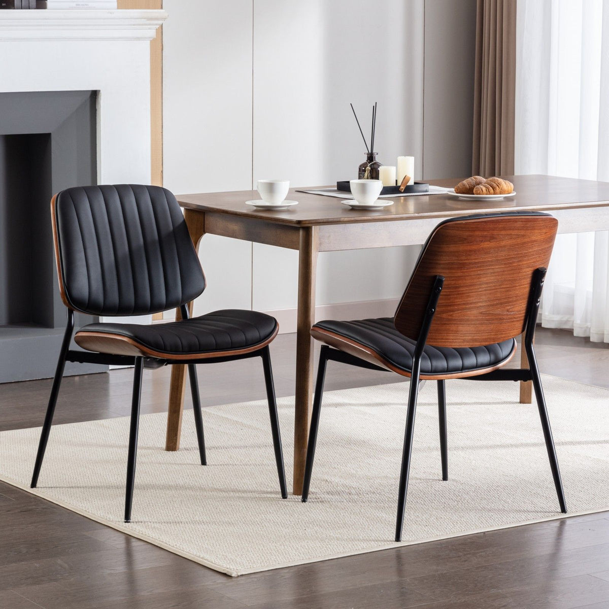 Mid-Century Modern Dining Chairs with Walnut Bentwood Back - Black or Beige (Set of 2)