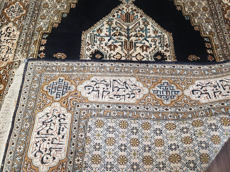 Persian Silk Qum Rug, Silk on Silk, Black Golden Brown and Beige, Hand-Knotted, 3'6" x 5' 5" by Jewel Rugs