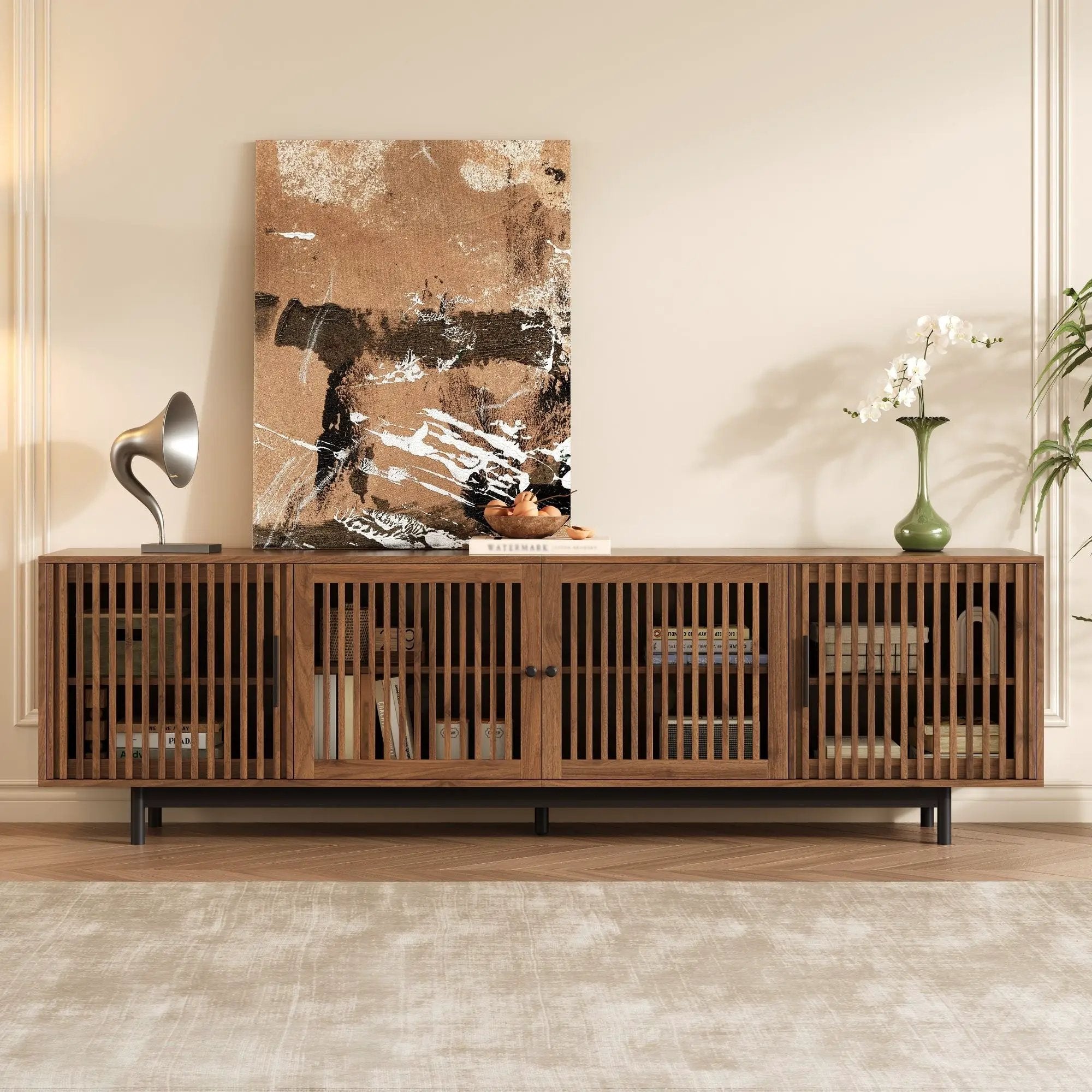 TV Stand For TVs, Entertainment Center With Closed Storage & Cable Management, Soft Closing Hinges - Walnut by HouseOfZazla