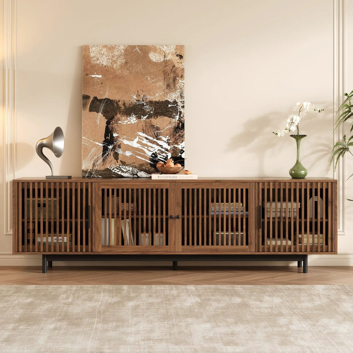 TV Stand For TVs, Entertainment Center With Closed Storage & Cable Management, Soft Closing Hinges - Walnut by Unique Piece Furniture