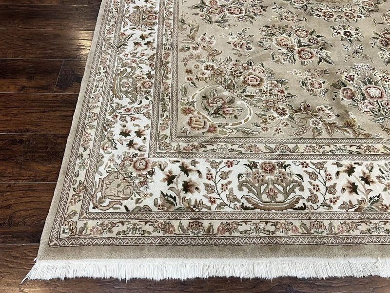 Sino Persian Rug 8x10, Soft Wool, Silk Highlights, Hand Knotted Vintage Carpet, Taupe & Ivory, Floral, Traditional Rug 8 x 10 by Jewel Rugs