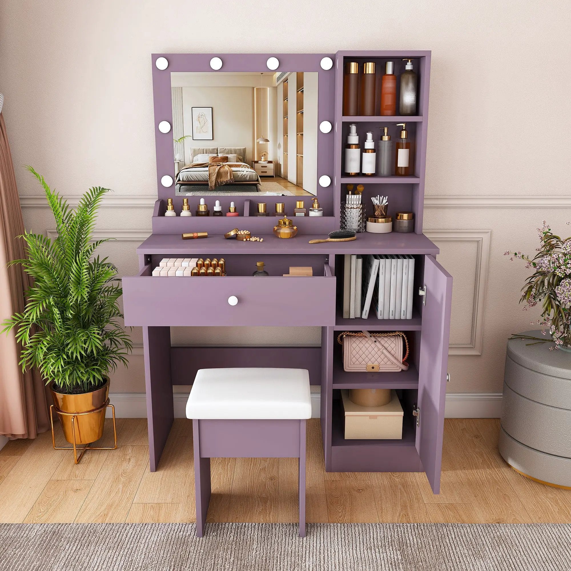 Stylish Vanity Desk Set with Padded Stool & Adjustable Lighted Mirror by HouseOfZazla