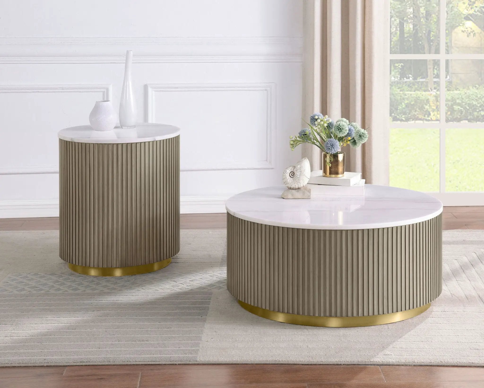 Jason 2-piece Round White Marble Coffee Table Set Greige by Unique Piece Furniture
